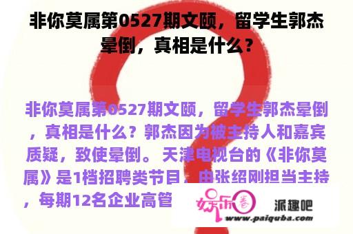 非你莫属第0527期文颐，留学生郭杰晕倒，真相是什么？