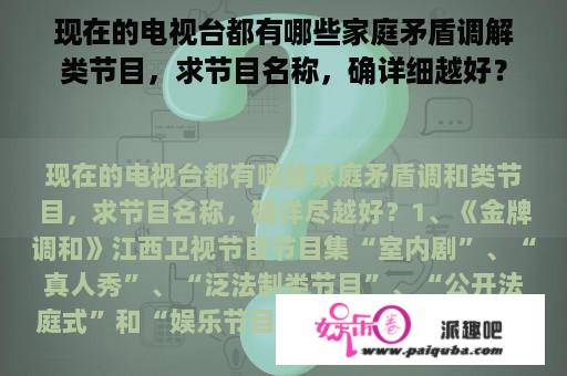 现在的电视台都有哪些家庭矛盾调解类节目，求节目名称，确详细越好？