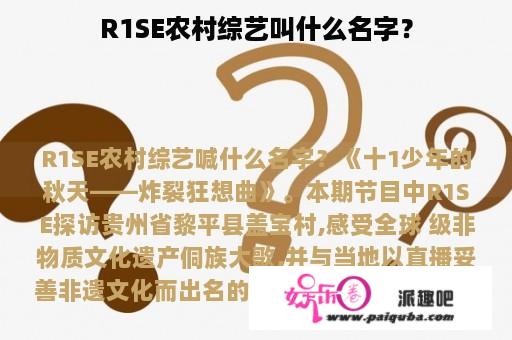 R1SE农村综艺叫什么名字？