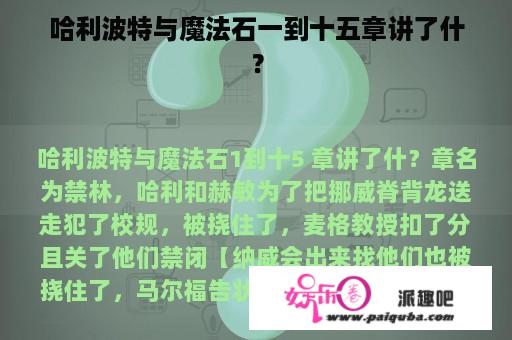 哈利波特与魔法石一到十五章讲了什？