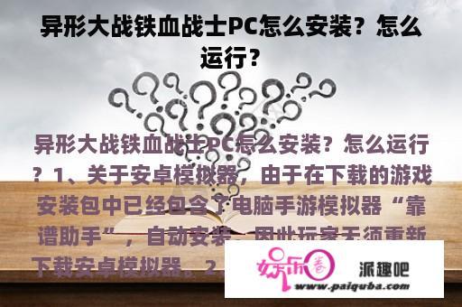 异形大战铁血战士PC怎么安装？怎么运行？