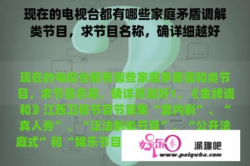 现在的电视台都有哪些家庭矛盾调解类节目，求节目名称，确详细越好