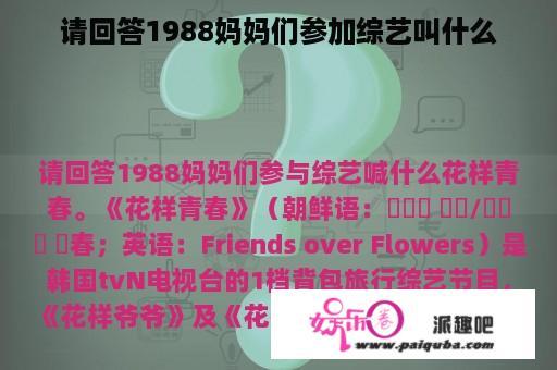 请回答1988妈妈们参加综艺叫什么