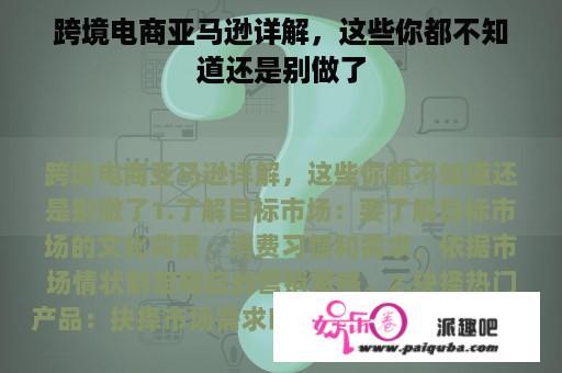 跨境电商亚马逊详解，这些你都不知道还是别做了