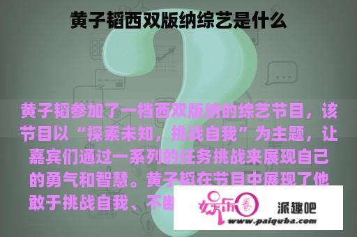 黄子韬西双版纳综艺是什么