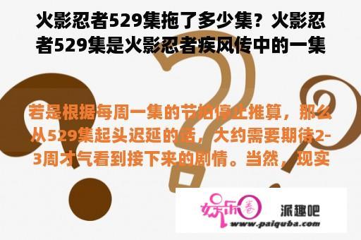 火影忍者529集拖了多少集？火影忍者529集是火影忍者疾风传中的一集，是许多忍迷们非常关注的。事实上，这一集拖到了多少集并不是一个确定的数字。因为火影忍者在播出过程中经常出现各种原因导致剧情拖延，所以具体拖了多少集需要结合实际情况来判断。